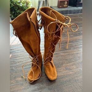 Minnetonka knee high fringe suede moccasins